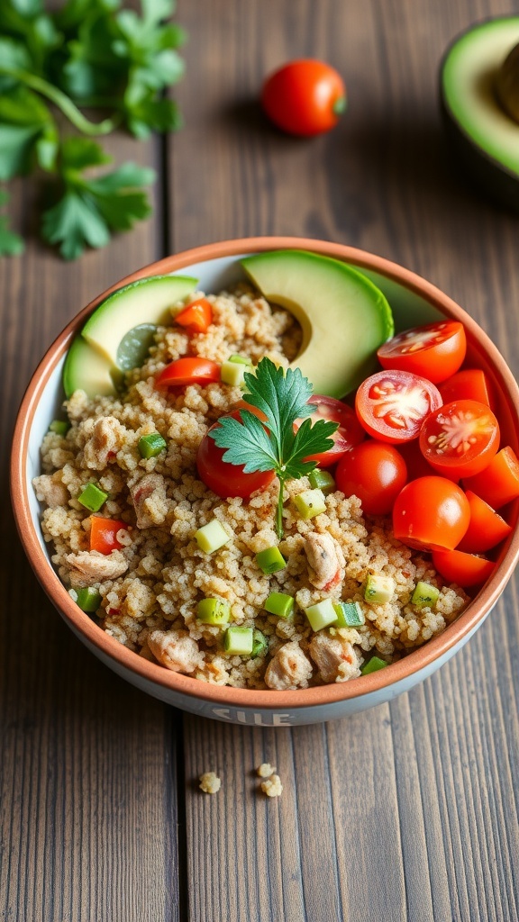 Quinoa and Ground Chicken Bowl Recipe A colorful quinoa and ground chicken bowl with vegetables and avocado on a wooden table.